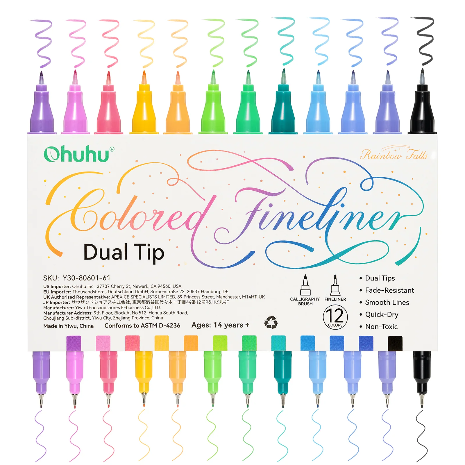 Ohuhu Colored Fineliner & Brush Pens, 12 Colors