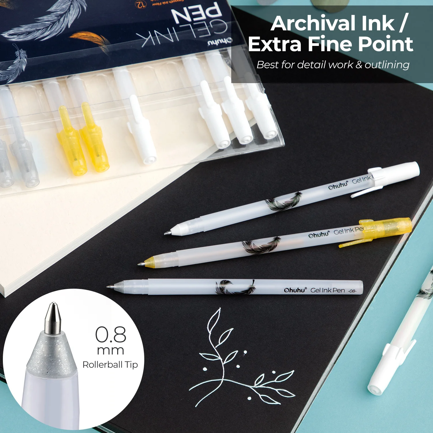 Ohuhu Gel Pens - Gold, Silver, White & Colorful 12-Pack - Image 10