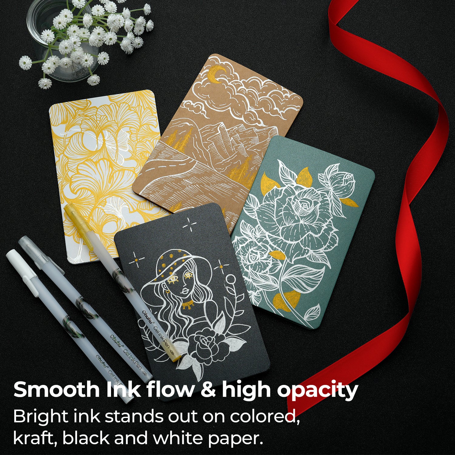 Ohuhu Gel Pens - Gold, Silver, White & Colorful 12-Pack - Image 11