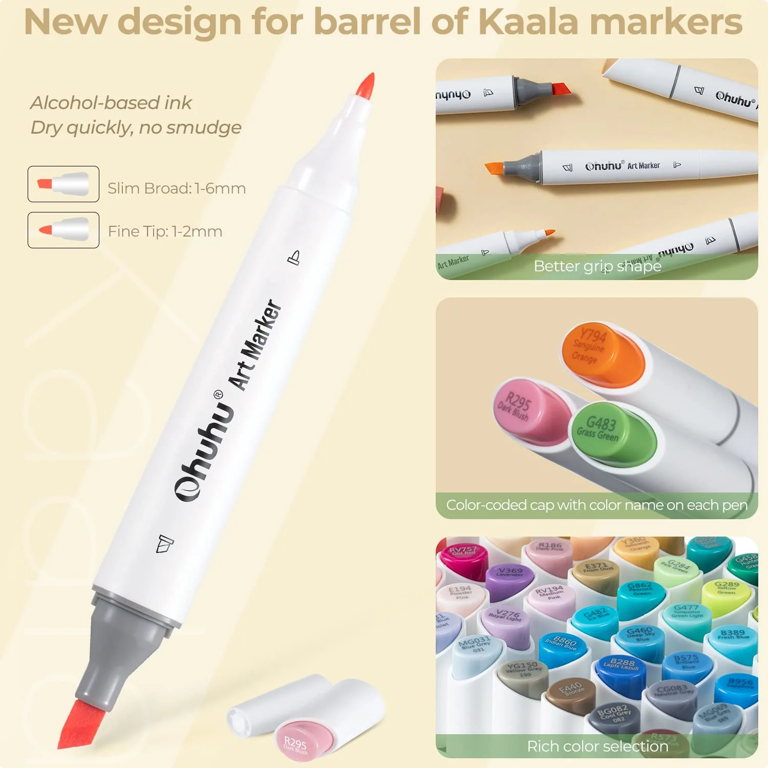 Ohuhu Kaala Slim Broad and Fine Dual Tips Alcohol Art Markers - 24 Basic Colors - Image 6