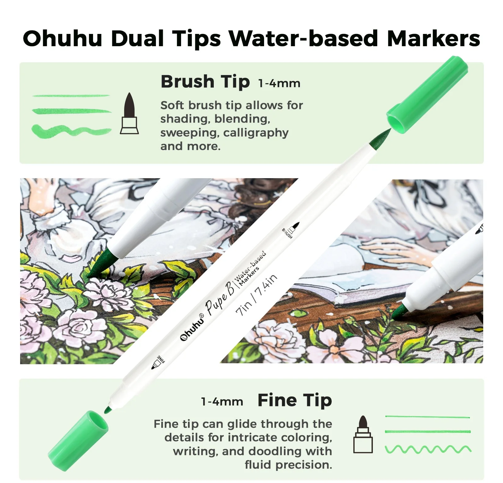 Ohuhu Pupe B 40 Paper-friendly (No Peeling) Markers& Coloring Book Set - Image 3