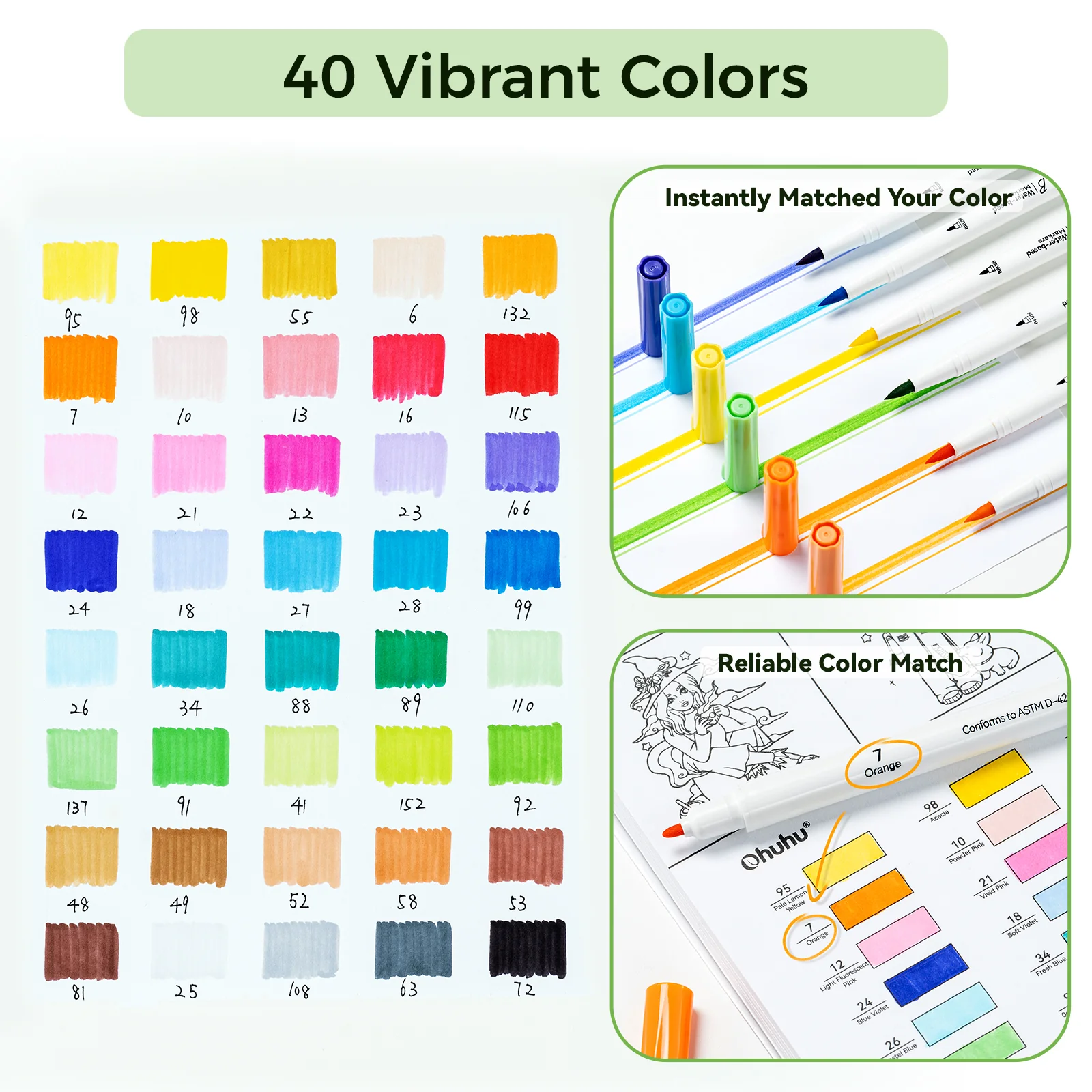 Ohuhu Pupe B 40 Paper-friendly (No Peeling) Markers& Coloring Book Set - Image 4