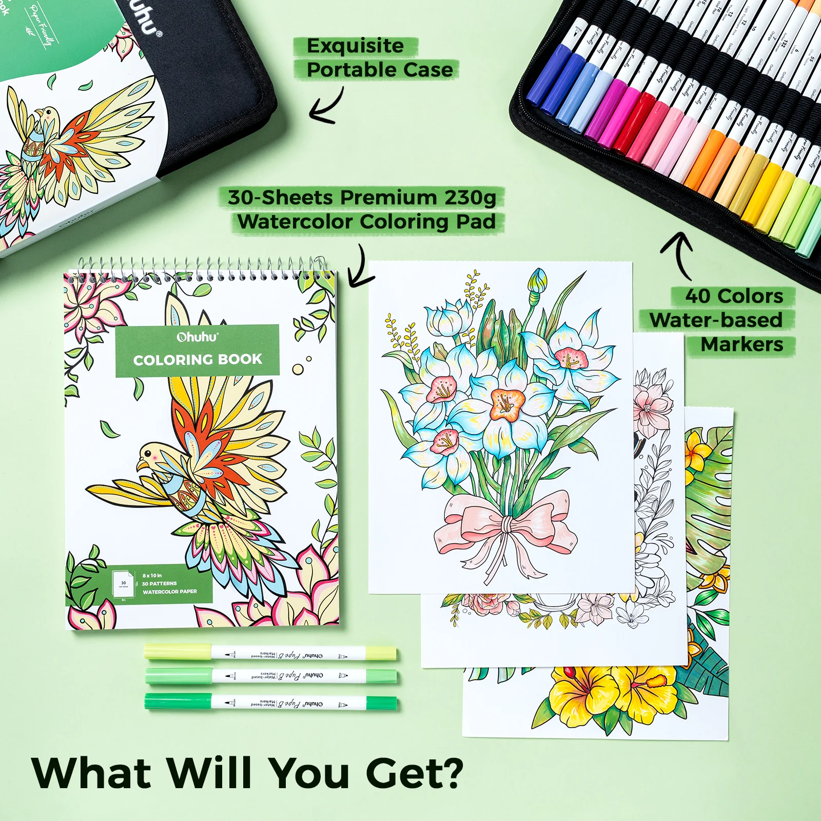 Ohuhu Pupe B 40 Paper-friendly (No Peeling) Markers& Coloring Book Set - Image 7