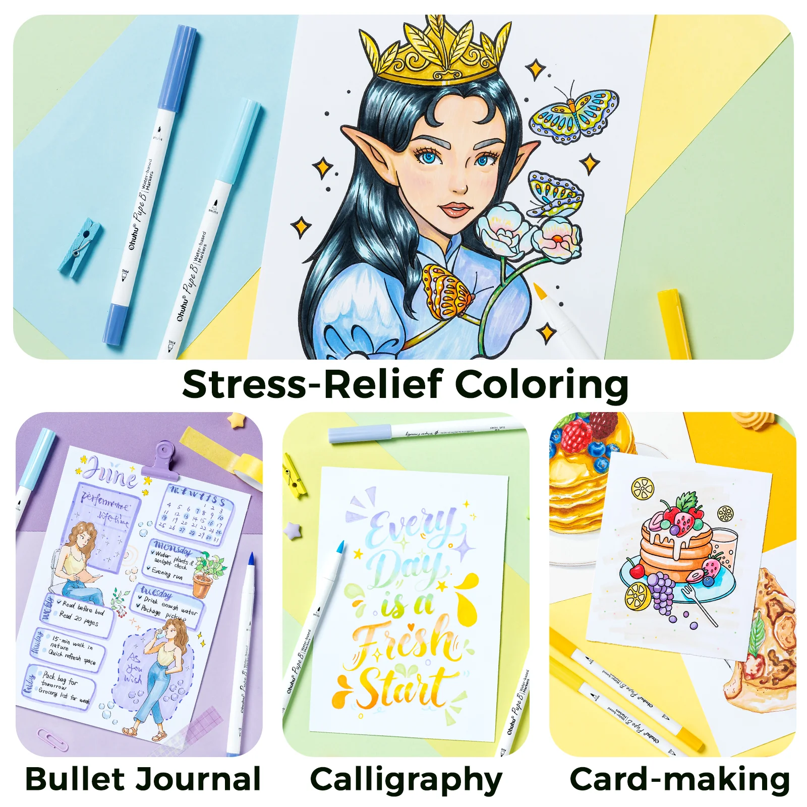 Ohuhu Pupe B 40 Paper-friendly (No Peeling) Markers& Coloring Book Set - Image 8